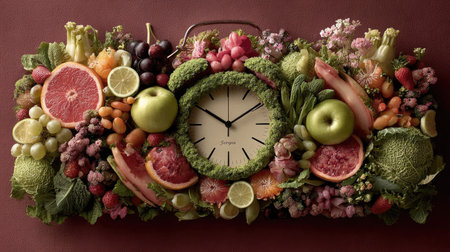 A stunning clock surrounded by an array of fresh, colorful fruits and vegetables, symbolizing nature's abundance and the joy of healthy living.の素材