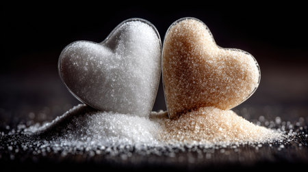 This artistic close-up captures heart-shaped sugar and brown sugar gently arranged on a dark wooden surface, evoking themes of love and sweetness.の素材