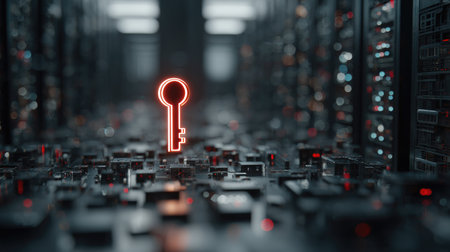 A captivating image featuring a neon key symbol glowing amidst a maze of data storage devices in a server room, signifying security and access to digital information.の素材