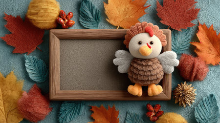 This charming image features a cute turkey plush surrounded by vibrant autumn leaves and a blank frame, perfect for seasonal crafts and decorations.の素材