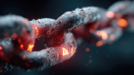 This captivating image features a close-up view of a rusty metallic chain link, illuminated with glowing ember effects, set against a contrasting dark background.の素材