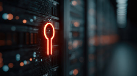 A striking image featuring a bright red keyhole indicator against a dark server rack, emphasizing security and connectivity in a modern data center.の素材