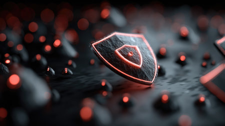 This captivating image features a futuristic shield symbol illuminated by glowing particles in a dark setting, embodying themes of protection and cybersecurity.の素材