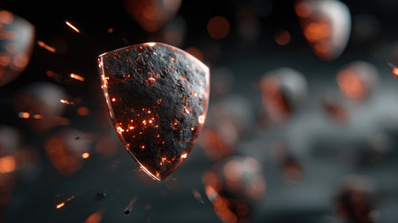 This stunning digital artwork features a glowing shield amidst sparkling particles and dynamic light effects, capturing a futuristic aesthetic.の素材