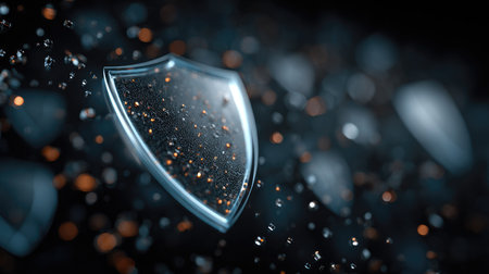 This captivating abstract image features a digital shield surrounded by shimmering water droplets and floating particles, set against a dark backdrop.の素材