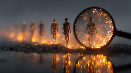 This captivating image features ethereal figures emerging through a magnifying glass, reflecting sparkling lights on a misty surface, evoking mystery and wonder.の素材