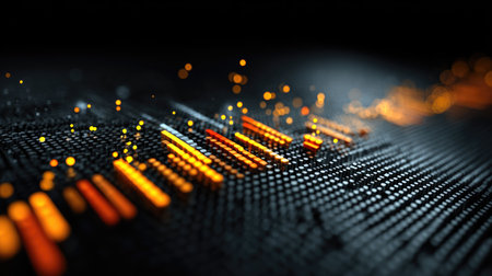This stunning abstract image features a digital sound wave visualization with vibrant colors and glowing particles, set against a dark background, perfect for technology themes.の素材