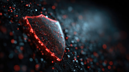 This image features an abstract digital security shield with glowing red accents on a textured background, symbolizing protection and technology in cyberspace.の素材