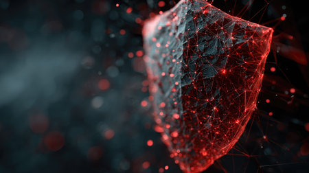 This striking abstract image illustrates a digital shield, symbolizing cybersecurity, with intricate glowing connections against a dark backdrop.の素材