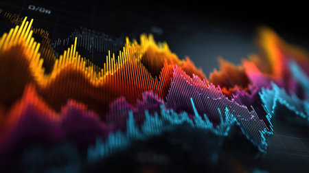 This striking image captures vibrant waveform patterns that illustrate data variations in finance and analytics. The colorful representation highlights trends and fluctuations, ideal for digital applications in technology and business.の素材