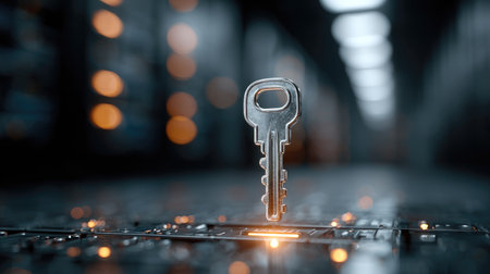 A transparent key hovers above a digital circuit board, surrounded by soft glowing lights, symbolizing security and access in a modern technology setting.の素材