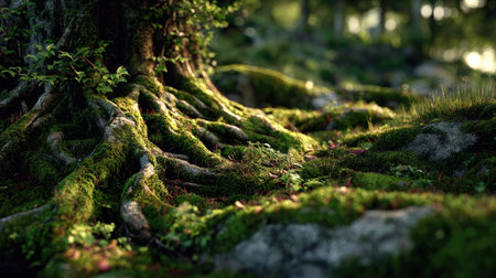 A close-up of majestic tree roots entangled in vibrant green moss, set in a tranquil forest. Soft sunlight filters through the leaves, creating a serene atmosphere.の素材