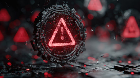 This image features a striking futuristic warning alert sign, characterized by red triangles on a dark technology-inspired background, perfect for various digital themes.の素材