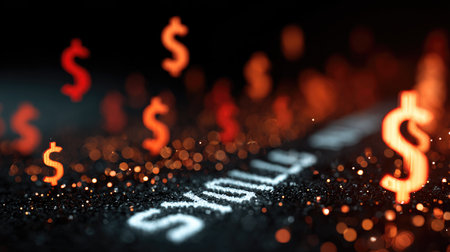 This abstract financial background features glowing dollar signs against a shimmering surface, perfect for illustrating economic concepts and investment themes.の素材