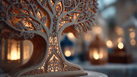 This enchanting image showcases an intricately designed wooden tree illuminated by soft lantern lights, creating a warm and inviting indoor atmosphere ideal for various decor themes.の素材