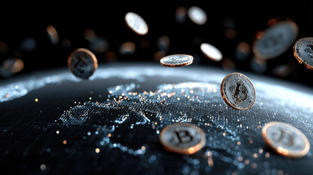 This digital artwork illustrates floating Bitcoin coins over a global map, capturing the essence of digital currency and its impact on the financial landscape.の素材
