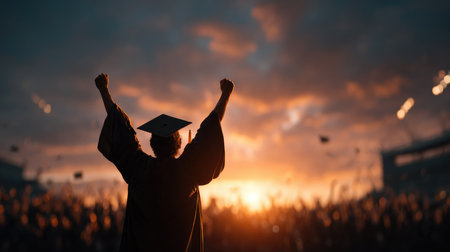 A powerful graduation scene capturing a student celebrating their achievement at sunset, surrounded by a cheering crowd, symbolizing hope and new beginnings.の素材