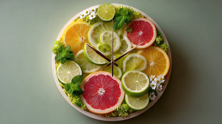 This artistic arrangement features vibrant citrus slices shaped like a clock, highlighting fresh lemons, limes, oranges, and grapefruits with mint and greens.の素材