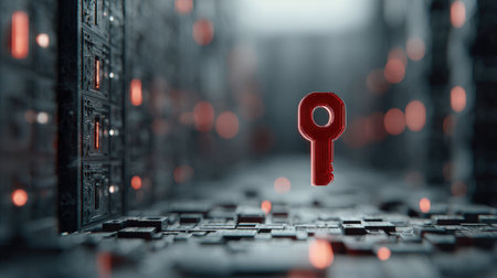 This image depicts a glowing red key surrounded by intricate digital pathways, representing the concept of cybersecurity and modern technology.の素材