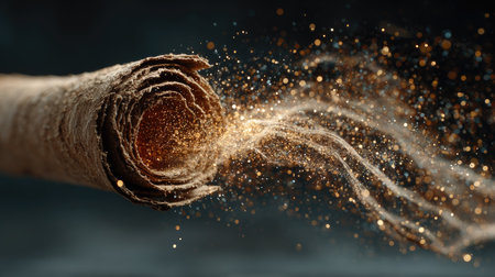Captivating image of rolled parchment paper releasing golden dust, creating an enchanting atmosphere filled with magic and creativity in a dark setting.の素材