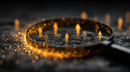 This captivating digital art piece features individuals under a magnifying glass, representing the focus on people within a conceptual crowd. The golden hues and blurred background evoke a sense of exploration and analysis, highlighting individuality and perception.の素材