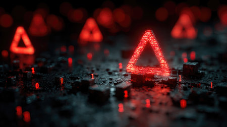 This abstract image features glowing red triangle symbols amidst glowing binary code on a dark textured surface, representing digital warning and technology themes.の素材
