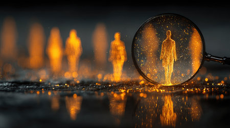 This artistic image features a magnifying glass revealing glowing human silhouettes, creating a magical and dreamlike atmosphere filled with vibrant colors and depth.の素材