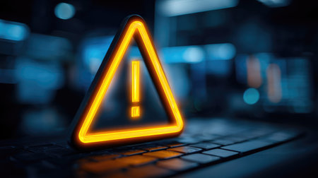 A glowing orange warning sign positioned on a laptop keyboard highlights caution in a technology-driven environment, symbolizing alertness and awareness.の素材