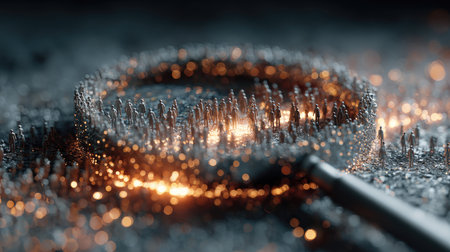 A captivating close-up image of a magnifying glass surrounded by sparkling micro elements, creating an enchanting atmosphere that invites exploration.の素材