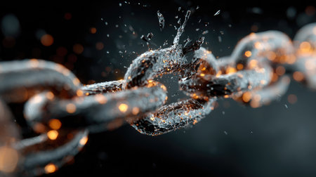 A stunning close-up shot of a metallic chain breaking apart with sparks and liquid effects, set against a dark background, symbolizing power and force.の素材
