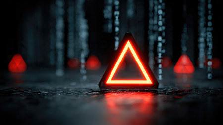 A striking glowing red triangle symbol stands prominently in a dimly lit digital environment, surrounded by cascading matrix code, evoking a sense of mystery and technology.の素材