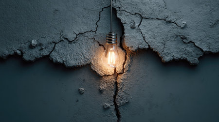 A vintage light bulb emits a warm glow while hanging against a cracked gray wall, creating an atmospheric contrast of light and shadow. Perfect for artistic and home decor projects.の素材