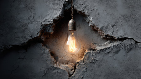 A vintage light bulb hangs from an exposed crack in a concrete wall, casting a warm, inviting glow amidst the rough, cold texture of the surrounding darkness.の素材