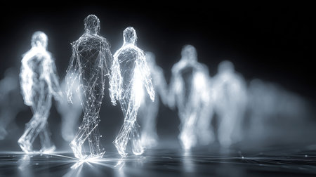 This captivating abstract artwork features digital human figures illuminated by glowing lines, creating a sense of movement and connection in a dark setting.の素材