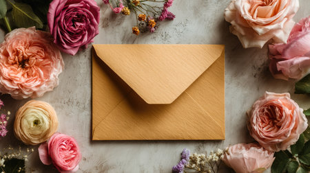 A stunning flat lay image featuring pink and peach roses surrounding a blank envelope, perfect for invitations or greeting cards. The elegant design captures the essence of nature's beauty.の素材