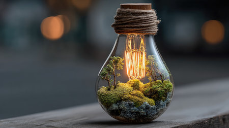 A beautifully crafted lightbulb encases a miniature forest scene, showcasing vibrant greenery and moss with a warm glow, perfect for nature-inspired decor.の素材