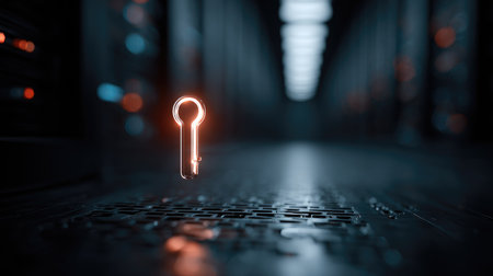 A digital key illuminated in a dark server room symbolizes the importance of cybersecurity and data protection in modern technology. The scene reflects innovation and access control.の素材