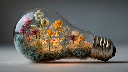 A stunning light bulb showcases a miniature garden filled with colorful flowers, representing the fusion of nature and creativity in a unique artistic design.の素材