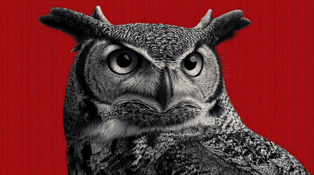 This striking image features a majestic owl with an intense gaze set against a bold red background. The detailed feathers and expression create an intriguing visual impact, perfect for nature enthusiasts and art lovers alike.の素材