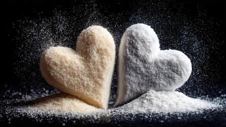 Two heart-shaped piles of sugar and salt symbolize love and contrast, set against a dark background. This artistic representation highlights emotional depth and culinary beauty.の素材