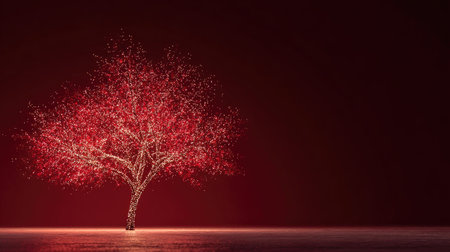 This striking image showcases a vibrant red tree glowing against a dark backdrop, adorned with sparkling lights that evoke a magical, festive mood.の素材