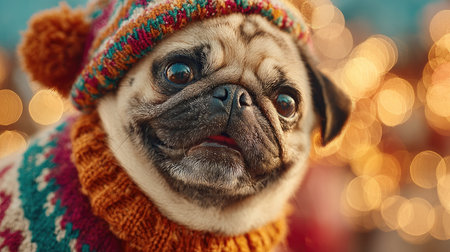 A lovable pug dog adorned in a vibrant knitted hat and sweater, set against a backdrop of twinkling festive lights, exudes warmth and charm.の素材