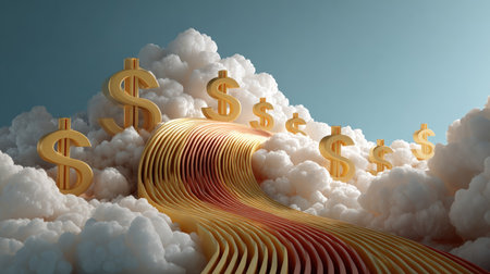 This vibrant image features golden dollar signs emerging from fluffy clouds along a flowing pathway. It symbolizes financial growth and prosperity.の素材