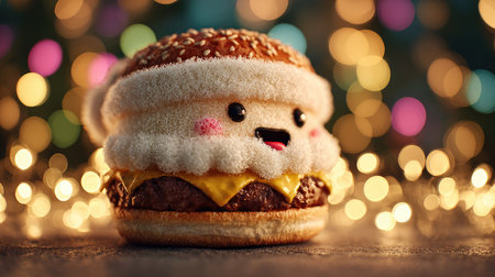 A whimsical hamburger designed as a cheerful Santa Claus figure, set against a backdrop of colorful festive lights, radiates joy and holiday spirit.の素材