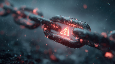 This image features a close-up of a rusty chain link with a glowing warning icon, set against a dark, gritty background with rain, evoking tension and danger.の素材