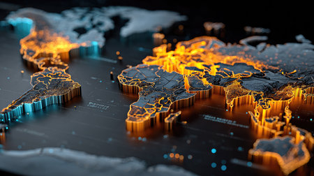 Stunning 3D visual of a world map showcasing illuminated borders and detailed geographical features. Perfect for technology and travel themes.の素材
