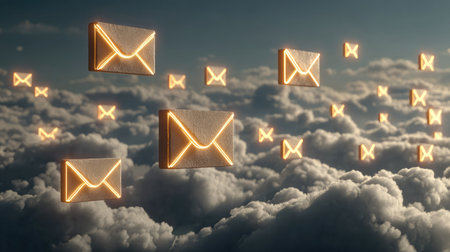 This captivating image features glowing neon envelopes floating above a serene cloudscape at dusk, symbolizing communication and digital connection.の素材