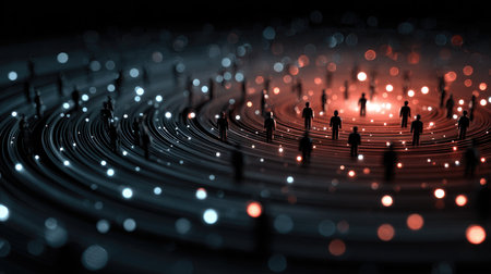 This artwork illustrates an abstract digital network featuring glowing circuits and silhouettes of people, representing community engagement and connectivity.の素材