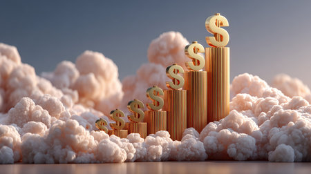 This visually striking image depicts a concept of financial growth, featuring dollar signs on rising bar graphs above fluffy clouds, symbolizing success.の素材