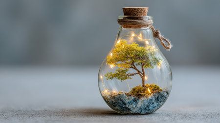 This captivating image features a miniature tree inside a glass bulb, surrounded by decorative stones and warm fairy lights, ideal for enhancing indoor spaces.の素材